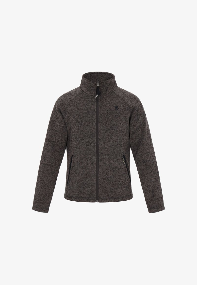 Szürke polárdzseki magas gallérral, végighúzott elülső cipzárral és két oldalzsebbel. Texturált mintával és kontrasztos fekete cipzárokkal rendelkezik.