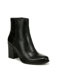 Stivale alla caviglia in pelle nera con punta a punta, cuciture rinforzate e tacco a blocco. Texture liscia con accenti di design minimi.