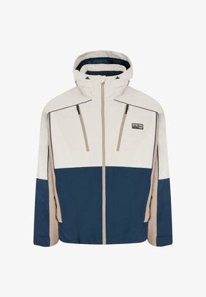 Lichte, kleurgebloekte jas met capuchon. Heeft een crème bovenkant, marineblauwe onderkant en beige accenten. Met ritszakken en logo-detail.