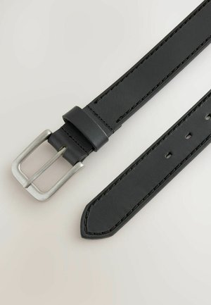 Black leather belt with a silver metal buckle, featuring uniform stitching and a pointed end. Smooth texture, minimal design, and adjustable holes.
