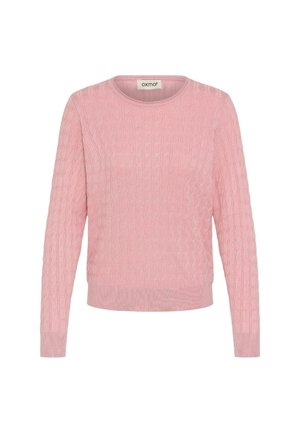 Maglione rosa a maglia lavorata a treccia con maniche lunghe, scollatura rotonda e motivo testurizzato. Rifinito con orlo e polsini a costine per una vestibilità aderente.