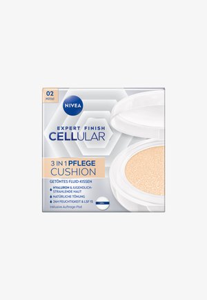 NIVEA Expert Finish Cellular 3-in-1 Cushion compact with light beige cushion. White plastic casing with blue and orange text, hexagonal design.
