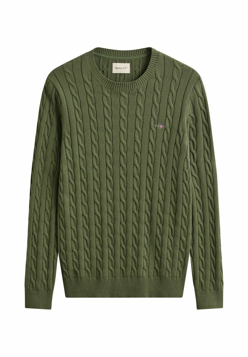 Olivgrüner, kabelgestrickter Rundhalsausschnitt-Pullover mit gerippten Bündchen und Saum, mit einem kleinen, auf der linken Brust gestickten Logo.