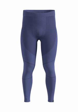 Tight-fitting, full-length leggings in dark blue, made of textured fabric. Features a wide waistband with a subtle print and contrasting patterns.