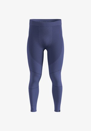 Tight-fitting, full-length leggings in dark blue, made of textured fabric. Features a wide waistband with a subtle print and contrasting patterns.