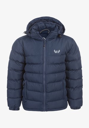 Chaqueta tipo puffer azul marino con cierre de cremallera, capucha desmontable, textura acolchada, puños elásticos y un pequeño logo en el pecho.