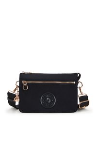 Borsa a tracolla nera realizzata in morbido tessuto, con un compartimento con zip, una toppa con logo e dettagli in rosa oro.
