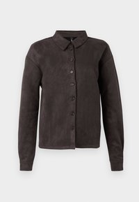 Dark brown button-up shirt made of soft suede-like material. Features a classic collar, long sleeves, and six front buttons.