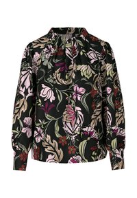 Schwarze Bluse mit floralem Muster in Pink-, Grün- und Rottönen. Sie hat einen hohen Kragen und lange Ärmel mit gerafften Schultern.