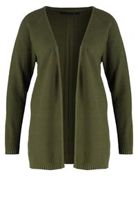 Oliivinvihreä neulottu neuletakki, jossa on teksturoitu kuvio, avoin etuosa, pitkät hihat sekä resorit hihansuissa ja helmassa. Ei kiinnityksiä tai sulkimia.