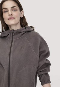 Grauer Fleece-Hoodie mit durchgehendem Reißverschluss, verstellbarem Kapuze und Raglanärmel. Hat ein kleiner Logo auf der Brust und elastische Bündchen.