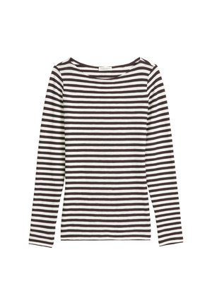 Maglietta a maniche lunghe con scollo a barca, caratterizzata da righe orizzontali bianche e nere, realizzata in morbido cotone. Design semplice e vestibilità rilassata.