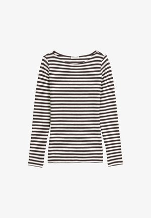 Langarmshirt mit U-Boot-Ausschnitt, ausgestattet mit horizontalen schwarz-weißen Streifen, aus weichem Baumwollgewebe gefertigt. Einfaches Design und lässige Passform.