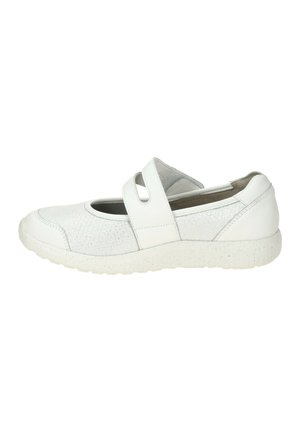 Weißer Damen-Casual Mary Jane Schuh mit strukturiertem Obermaterial, einem verstellbaren Riemen und gesprenkelter Gummisohle, Seitenansicht.
