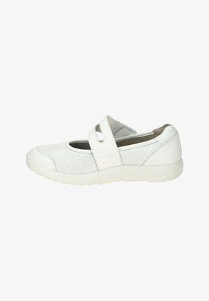Weißer Damen-Casual Mary Jane Schuh mit strukturiertem Obermaterial, einem verstellbaren Riemen und gesprenkelter Gummisohle, Seitenansicht.