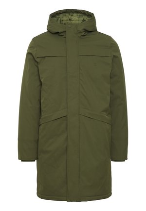 Olive green parka jacket with a zip front, hood, and two front pockets; features a smooth outer texture and insulated lining.