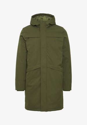 Olive green parka jacket with a zip front, hood, and two front pockets; features a smooth outer texture and insulated lining.