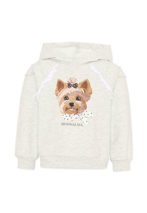 Felpa con cappuccio per bambini grigio chiaro, con bordi di pizzo bianco sulle maniche e una faccia di cane di paillettes con fiocco e sciarpa a pois sul davanti.
