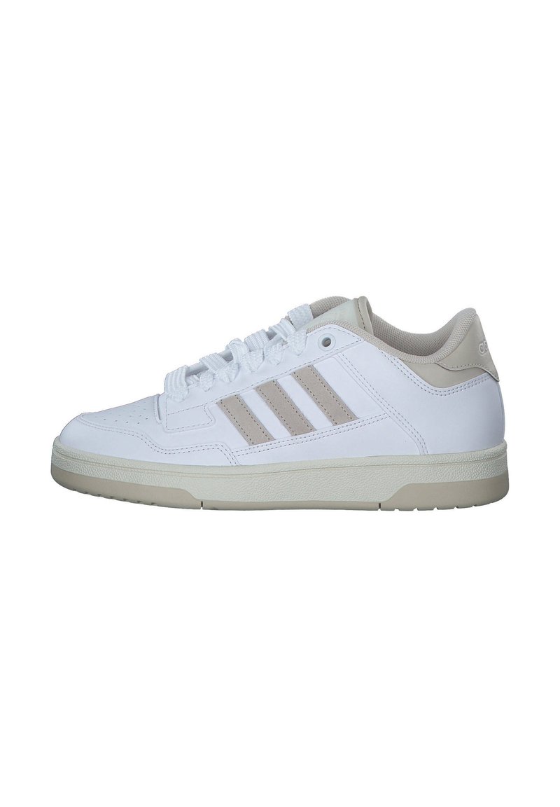 White athletic shoe with a smooth material, light grey three-stripe design, round toe, and thick textured sole in light beige.