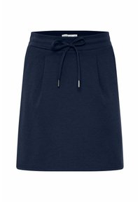 Fustă mini din bumbac de culoare bleu marin, cu talie elastică, șnur reglabil și două pliuri frontale pentru un detaliu suplimentar.