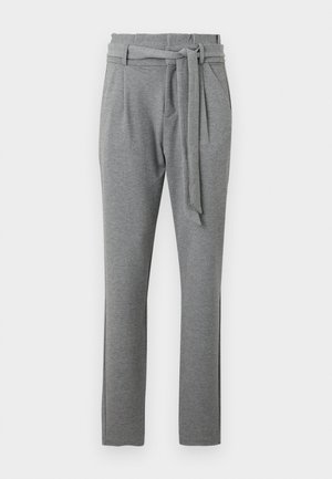 Gray trousers with a smooth texture, featuring a belted high waist, side pockets, and a straight leg design.