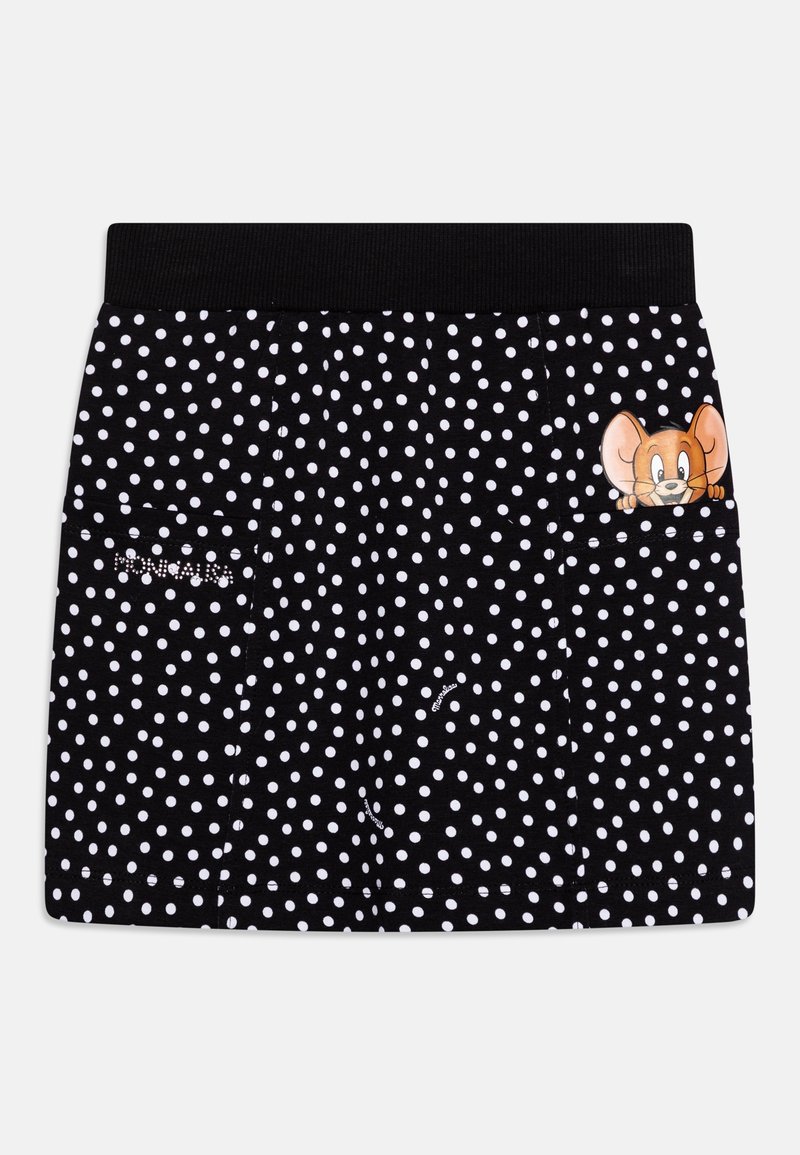 Jupe noire à pois blancs, avec une ceinture côtelée et un motif de souris dessinée sur la poche inférieure droite. Texture de tissu doux.