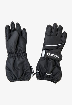 Schwarze wasserdichte Handschuhe mit einer strukturierten Oberfläche, elastischen Bündchen und einem sicheren Riemen. Verfügt über reflektierende Akzente und ein Markenlogo.