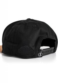 Black snapback cap with a curved brim, featuring an embroidered cloud logo on the back and a black plastic adjustable strap.