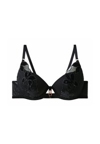 Soutien-gorge noir avec des détails en dentelle florale, bonnets légèrement rembourrés, bretelles réglables et un fermoir à l'avant en ton doré. Tissu texturé sur la bande.