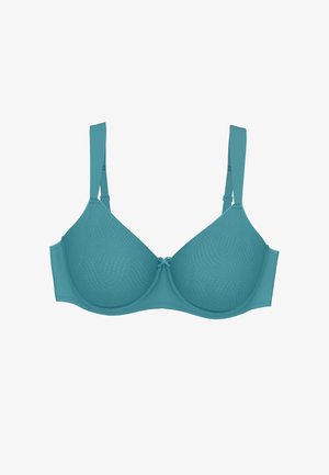 Teal underwire bra with smooth textured cups, adjustable straps, and a small center bow detail. Shaped for a seamless fit.