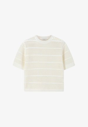 Kurzärmliges, cremefarbenes Strickoberteil mit strukturiertem, offener Maschen-Design und horizontalen Streifen sowie einem gerippten Rundhalsausschnitt.