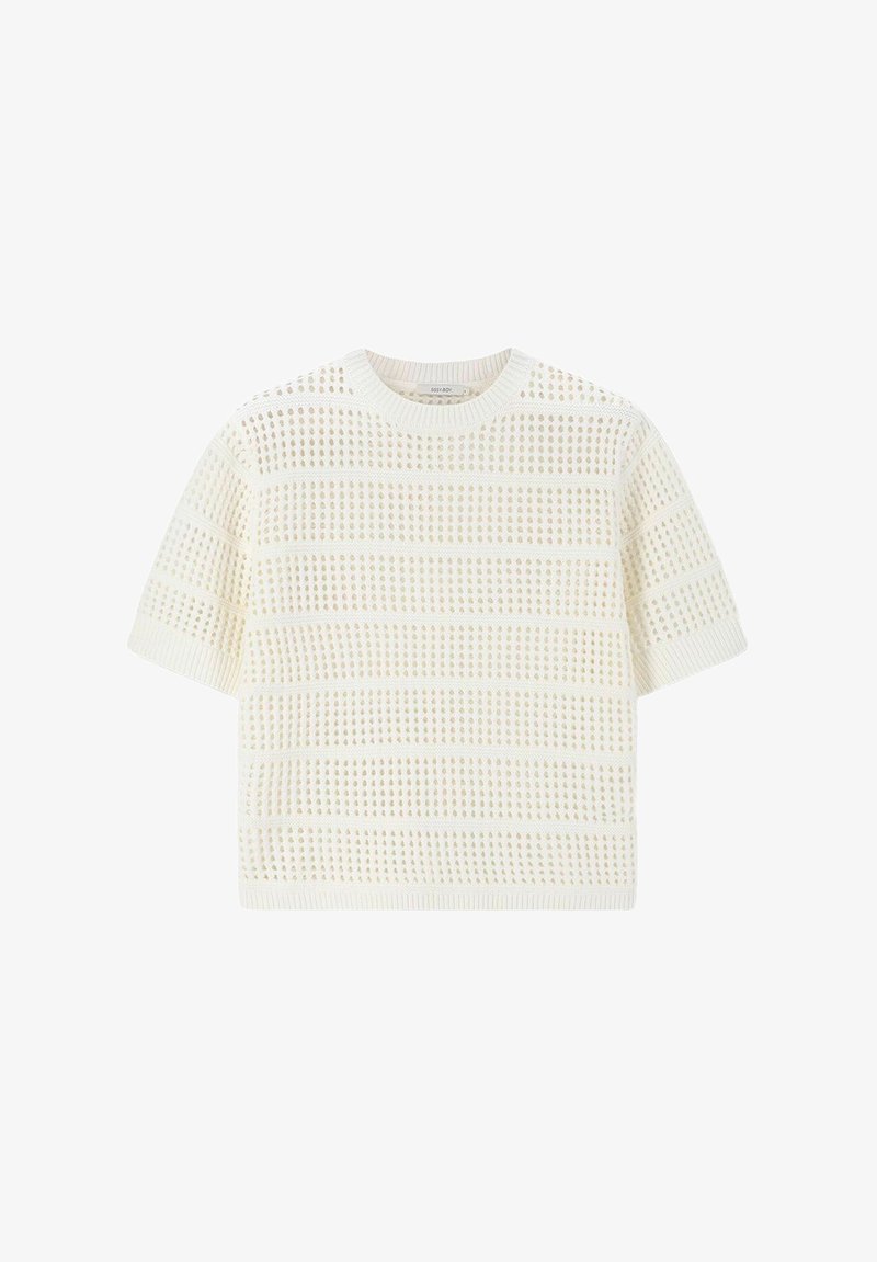 Kurzärmliges, cremefarbenes Strickoberteil mit strukturiertem, offener Maschen-Design und horizontalen Streifen sowie einem gerippten Rundhalsausschnitt.