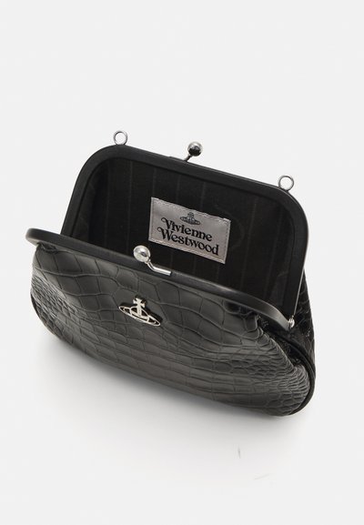 Black faux-crocodile leather purse with a metal clasp, lined interior, and an interior label displaying "Vivienne Westwood."