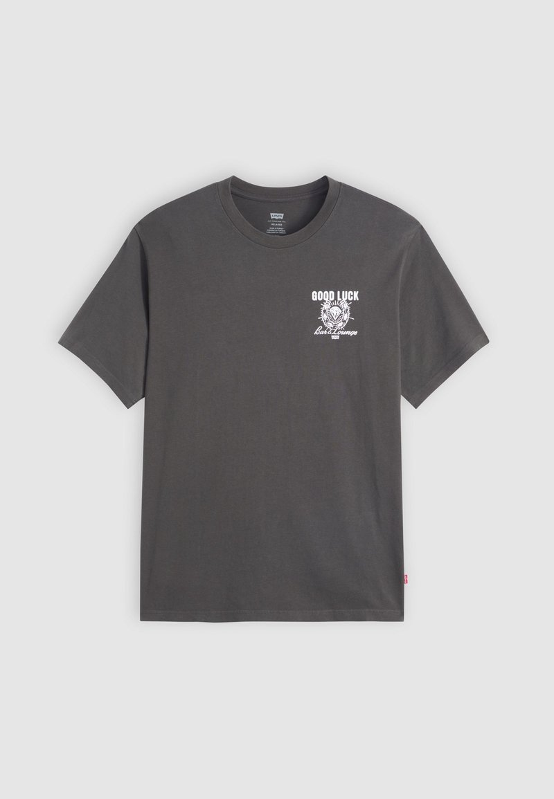 Graues Baumwoll-T-Shirt mit kurzen Ärmeln. Auf der Vorderseite mit "GOOD LUCK" und einem grafischen Druck in Weiß. Standard Rundhalsausschnitt.