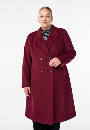 Burgundy wool blend coat with a double-breasted design, notched lapels, two side pockets, and black buttons. Long sleeves, knee-length.