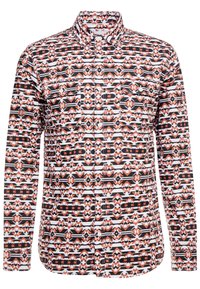 Overhemd met lange mouwen en knopen, gemaakt van geweven stof met een gedurfd geometrisch patroon in rood, zwart en wit. Klassieke kraag en twee borstzakken.