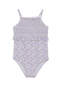 Lila blommig baddräkt med smockad överdel, tunna axelband och volangskikt, med ett mjukt, elastiskt tyg.