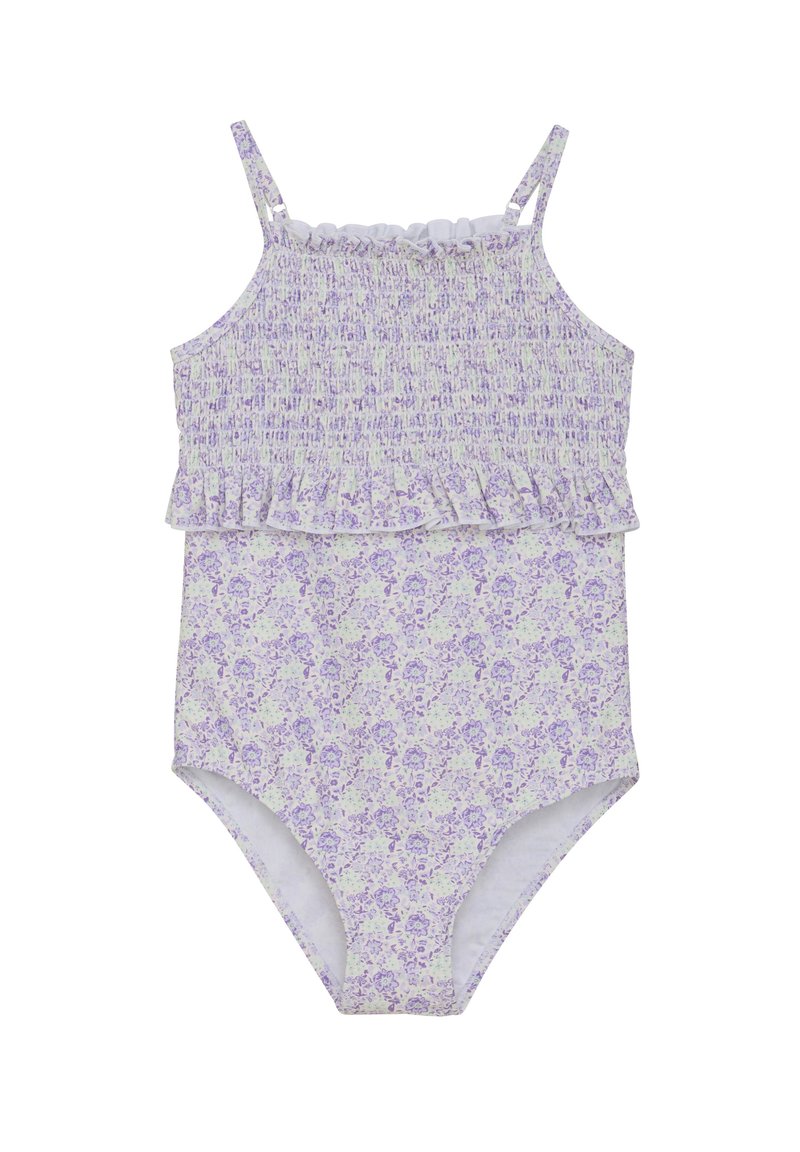 Lila blommig baddräkt med smockad överdel, tunna axelband och volangskikt, med ett mjukt, elastiskt tyg.