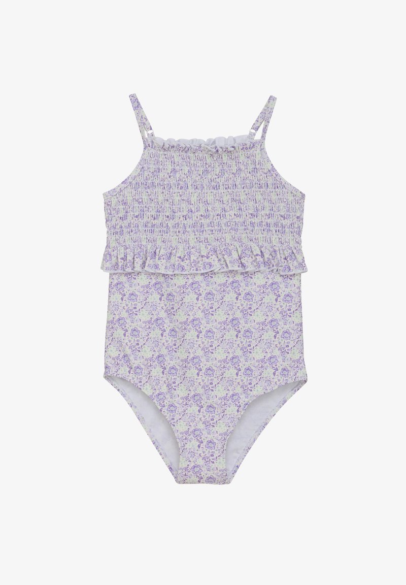 Lila blommig baddräkt med smockad överdel, tunna axelband och volangskikt, med ett mjukt, elastiskt tyg.