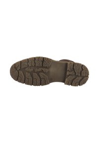 Suela de goma marrón con surcos profundos para tracción. Superficie texturizada con patrones segmentados. Diseño plano adecuado para uso al aire libre.