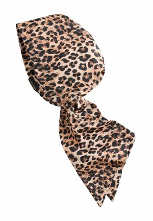 Jedwabna chusta na głowę w zwierzęcy wzór lamparta z wiązaniem, ozdobiona czarnymi i brązowymi plamami na beżowym tle.