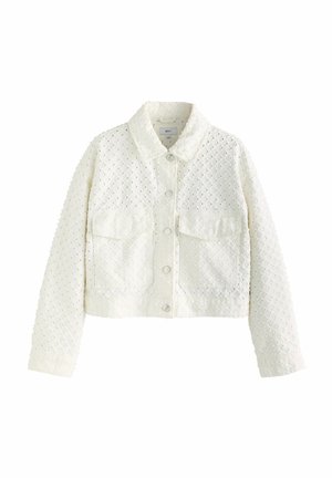 Veste blanche texturée avec manches longues, col, boutons-pression à l'avant et deux poches à rabat sur la poitrine.