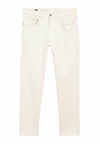 Jeans in denim color crema con vestibilità slim, cinque tasche e dettagli di cucitura discreti. Presenta chiusura con bottone metallico e zip.