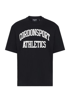 Schwarzes Baumwoll-T-Shirt mit kurzen Ärmeln und rundem Ausschnitt. Mit schickem weißen Druck "CORDONSPORT ATHLETICS" auf der Vorderseite.