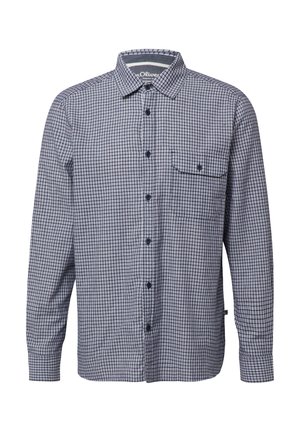 Herrenhemd mit langen Ärmeln und Knopfleiste, blau-weiß kariert, mit einer Brusttasche, die mit einem Knopf verschlossen wird.