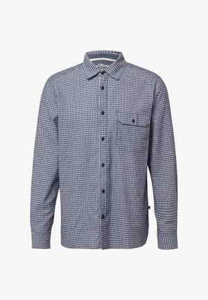 Herenoverhemd met lange mouwen, knoopsluiting, blauw-wit geruit patroon en een borstzak met enkele knoop.