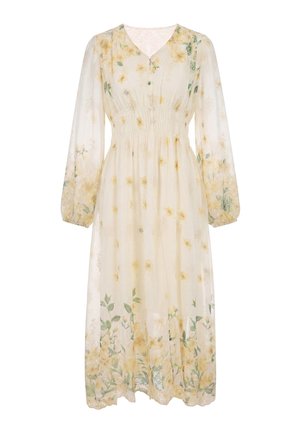 Lysegul gennemsigtig midi kjole med lange ærmer, V-hals, knapper foran, smocktalje og blomstret mønster i grønne og gule nuancer.
