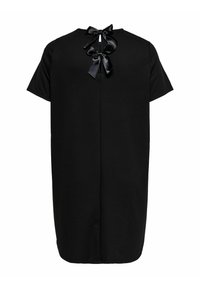 Czarna sukienka z krótkim rękawem o prostym kroju. Posiada wysoki dekolt i dwie czarne satynowe kokardy z tyłu. Gładka, teksturowana tkanina.