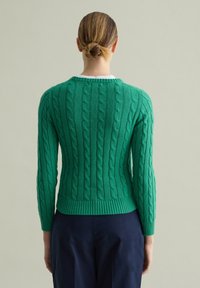 Maglione verde lavorato a maglia con motivi a treccia, scollo rotondo e orli e polsini a coste. La vestibilità è aderente e le maniche sono lunghe.