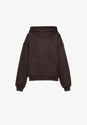 Ciemnobrązowa bluza z kapturem z przednią kieszenią i napisem "LA MANIA" wyhaftowanym na piersi w nici o takim samym kolorze.